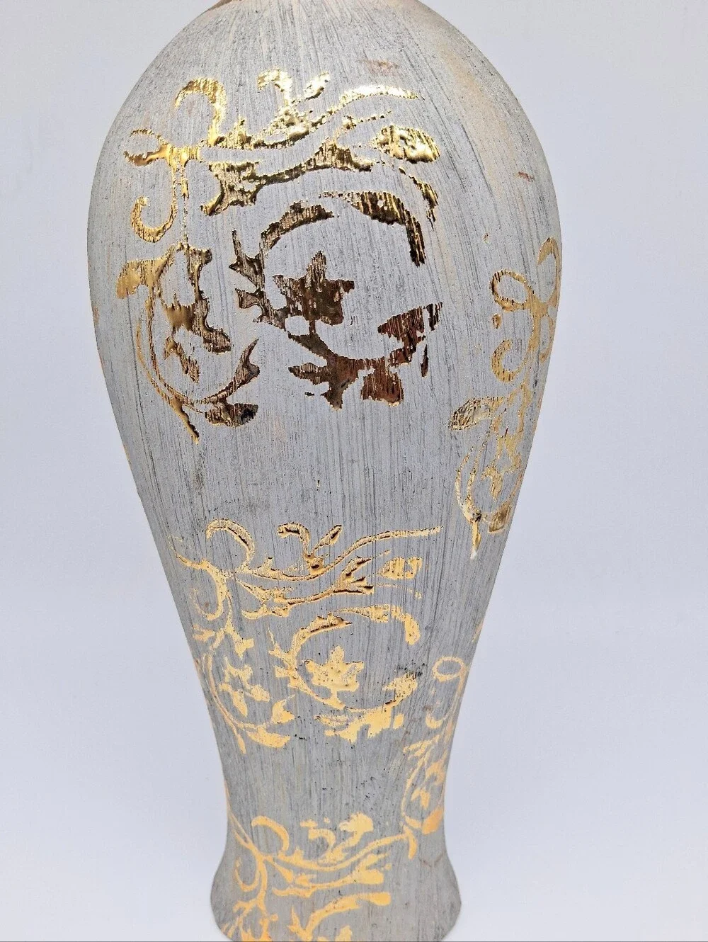 Gray And Gold Textured Ceramic Artistic Bottle Shape Vase 13 in. H
